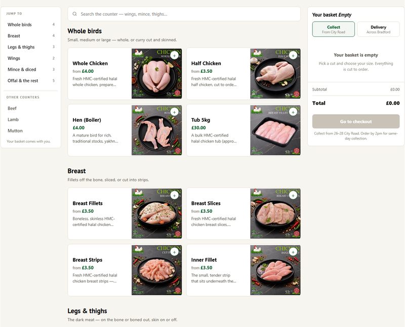 The chicken counter on a Counterprice butcher site, laid out like a takeaway menu