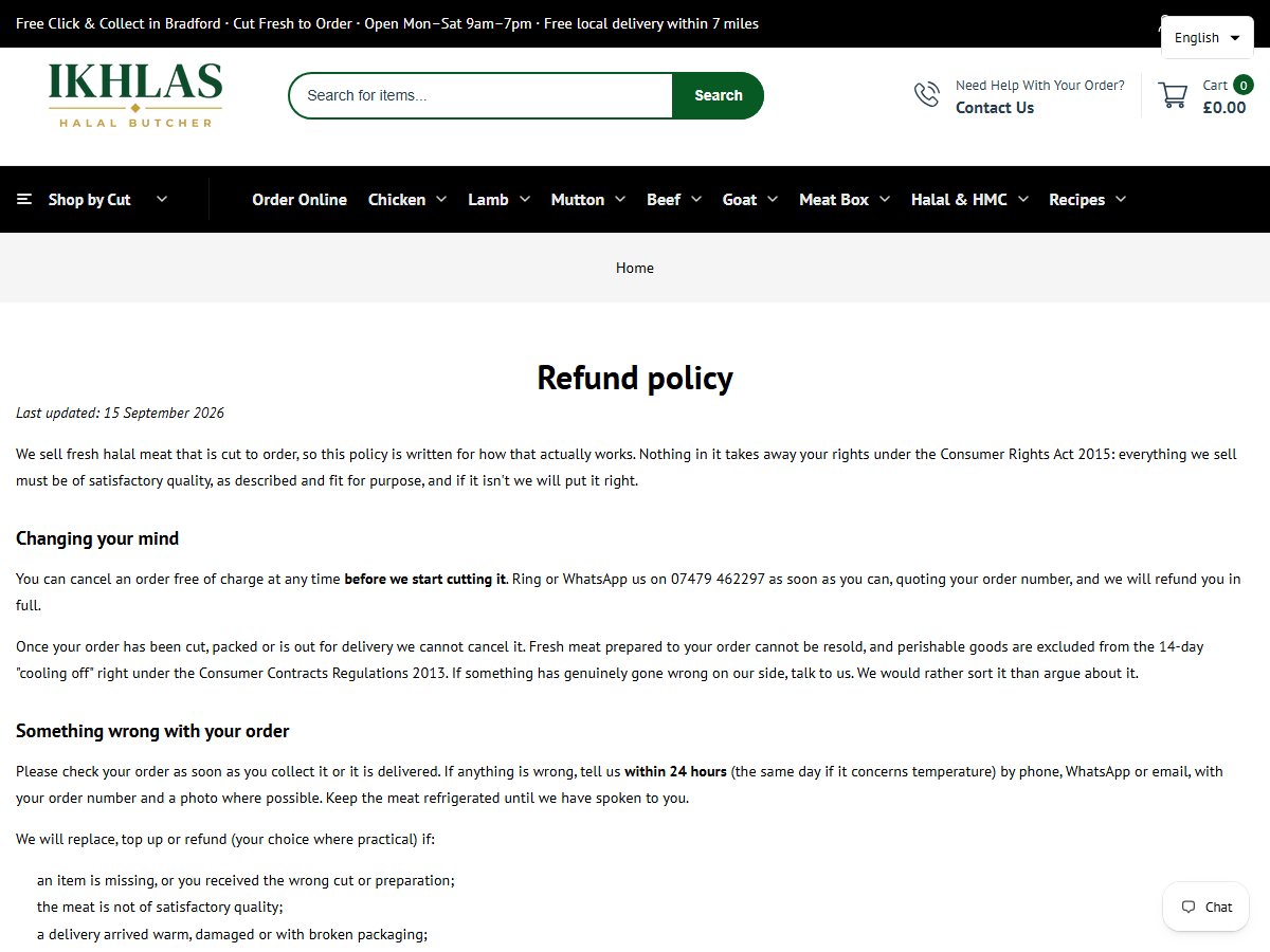Allergen, delivery and refund information on a food shop website