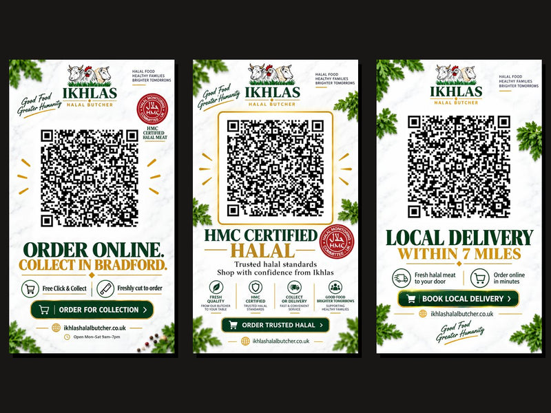 Three QR window posters at Ikhlas Halal Butcher: order online, HMC certified, local delivery