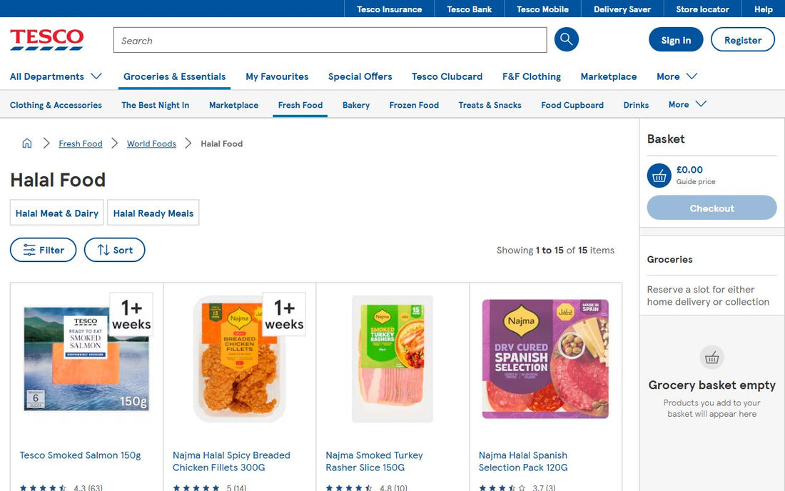 Tesco halal food page online, as a shopper sees it