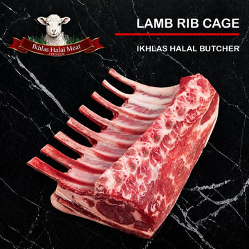 Raw halal lamb rack on a white background, photographed for a butcher website