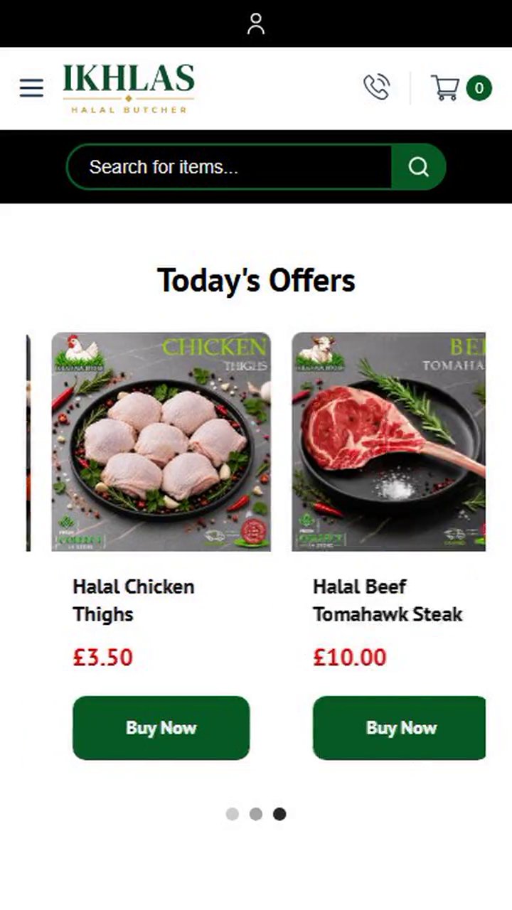 The Ikhlas Halal Butcher website, live on a phone