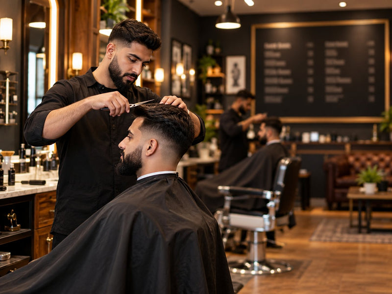 Barber cutting hair with scissors