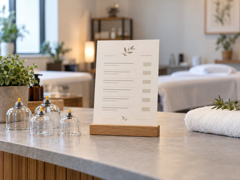 Hijama clinic treatment menu card on a counter