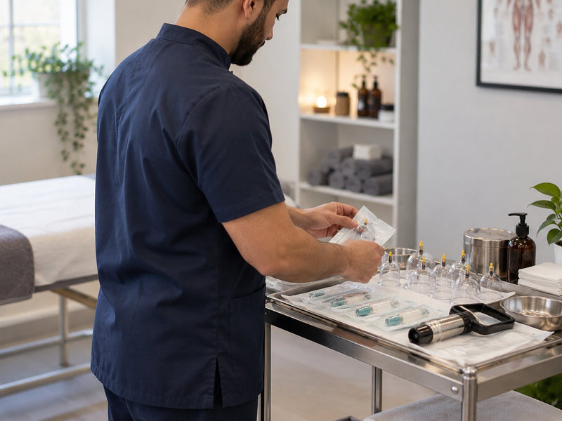 Practitioner preparing cupping equipment