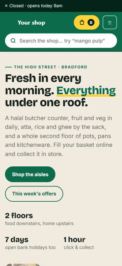 Halal supermarket website by Veritas UI, shown on a phone
