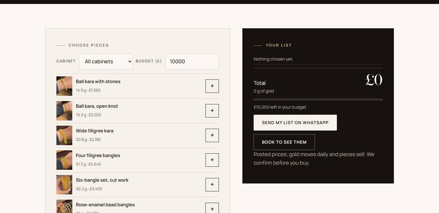 Budget planner: Choose pieces, send the list