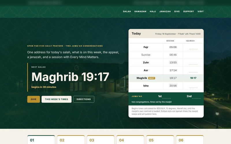 Mosque website built by Veritas UI, homepage on desktop