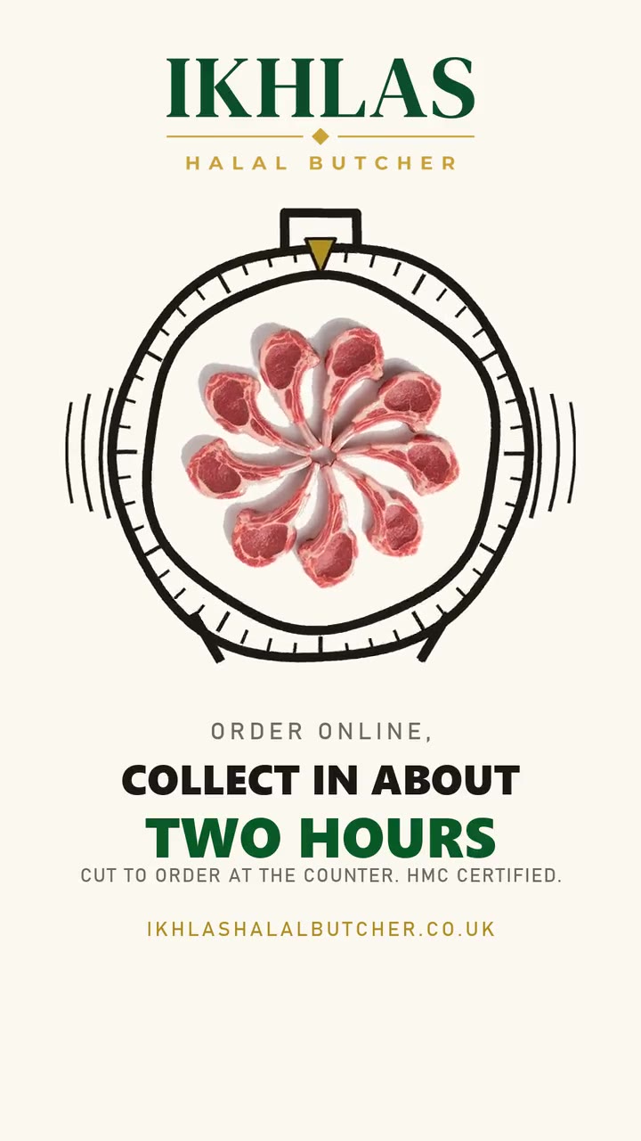 Ikhlas Halal Butcher animated poster: order online, collect in about two hours