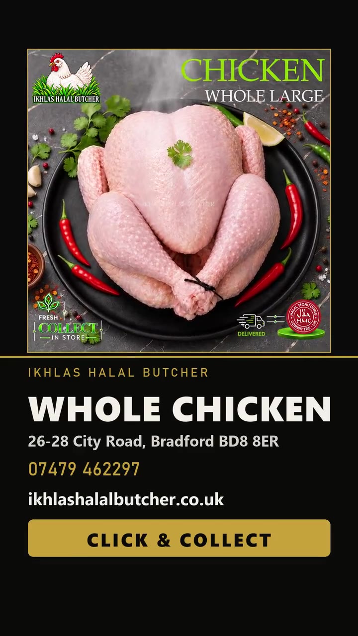 Ikhlas Halal Butcher whole chicken poster for social media