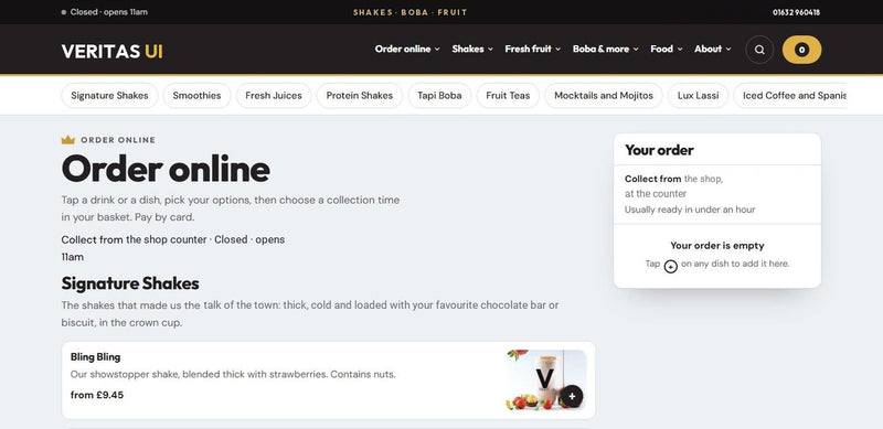 Shake bar website template by Veritas UI, online ordering page with menu and basket