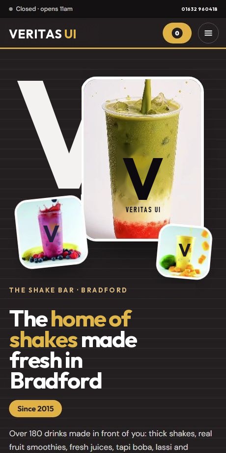 Shake bar ordering website template by Veritas UI on a phone
