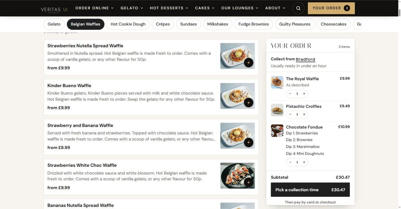 The dessert lounge group template ordering page on a laptop: tabs, dishes, basket and collection time