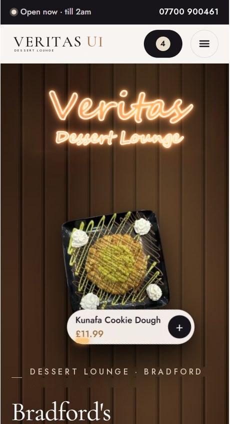 Dessert diner ordering website template by Veritas UI on a phone