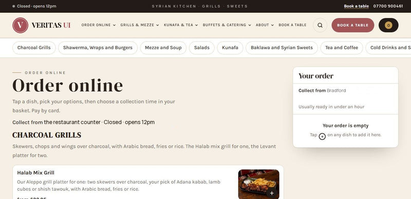 Middle Eastern restaurant website template by Veritas UI, online ordering page with menu and basket