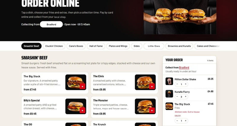Smash burger chain website template by Veritas UI, online ordering page with menu and basket