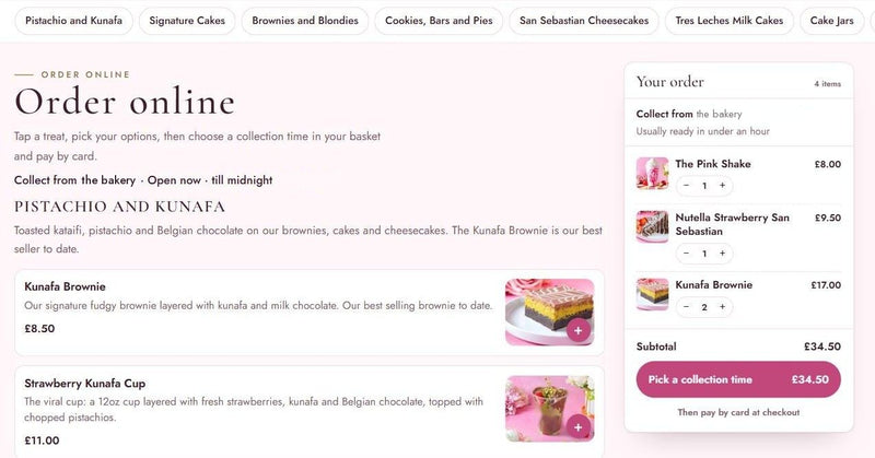 Cake shop website template by Veritas UI, online ordering page with menu and basket