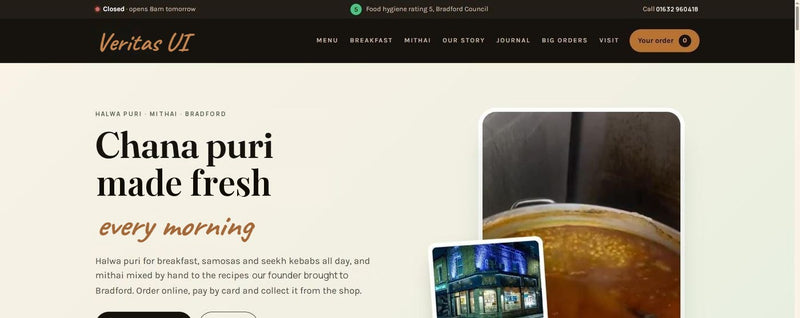Indian sweet shop ordering website template by Veritas UI, homepage on desktop