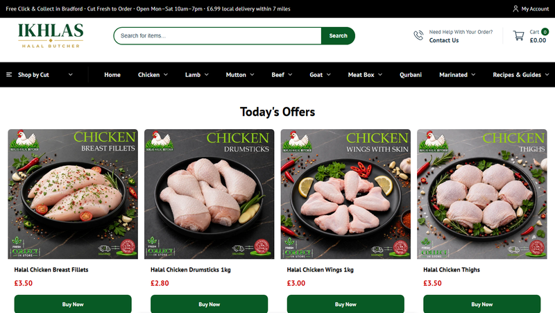 Ikhlas Halal Butcher website on desktop, the live store built by Veritas UI