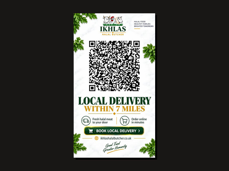 Local delivery QR poster in the window of Ikhlas Halal Butcher, Bradford