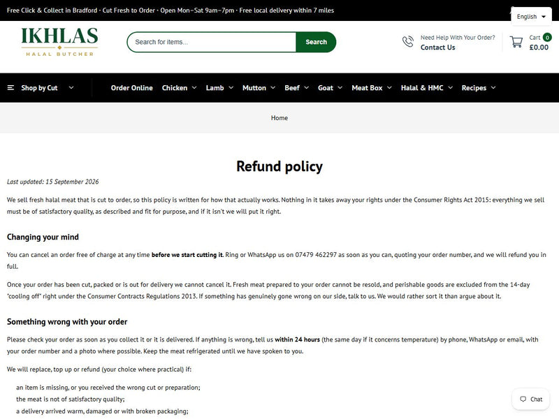 Refund policy page on the Ikhlas Halal Butcher website