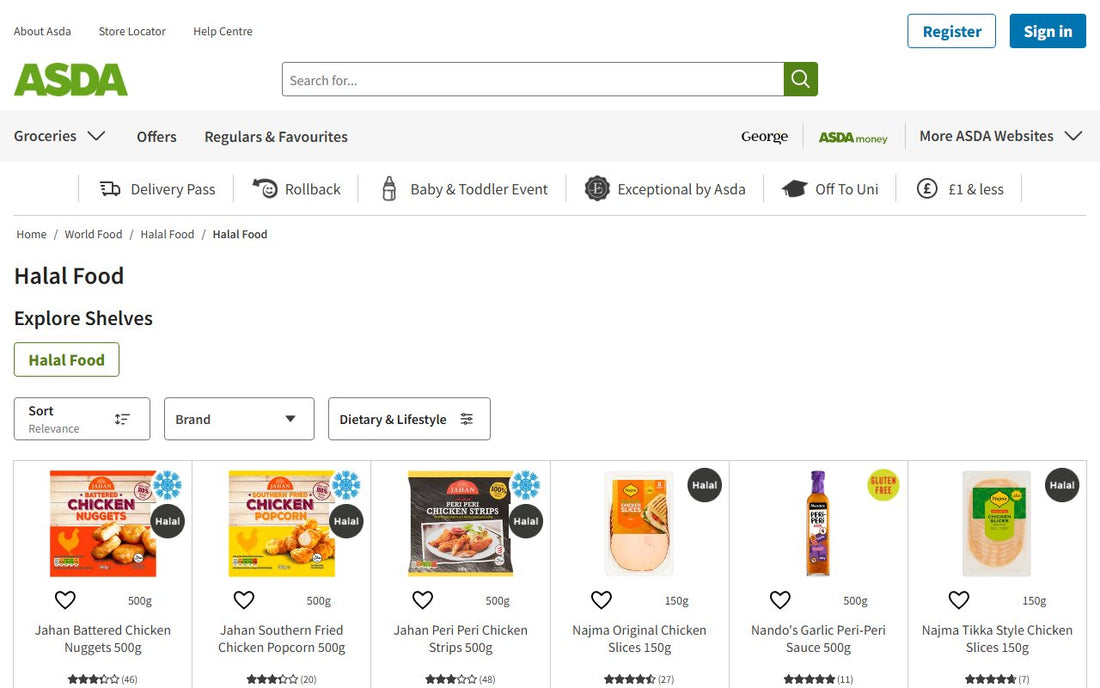 Asda halal food page online, as a shopper sees it