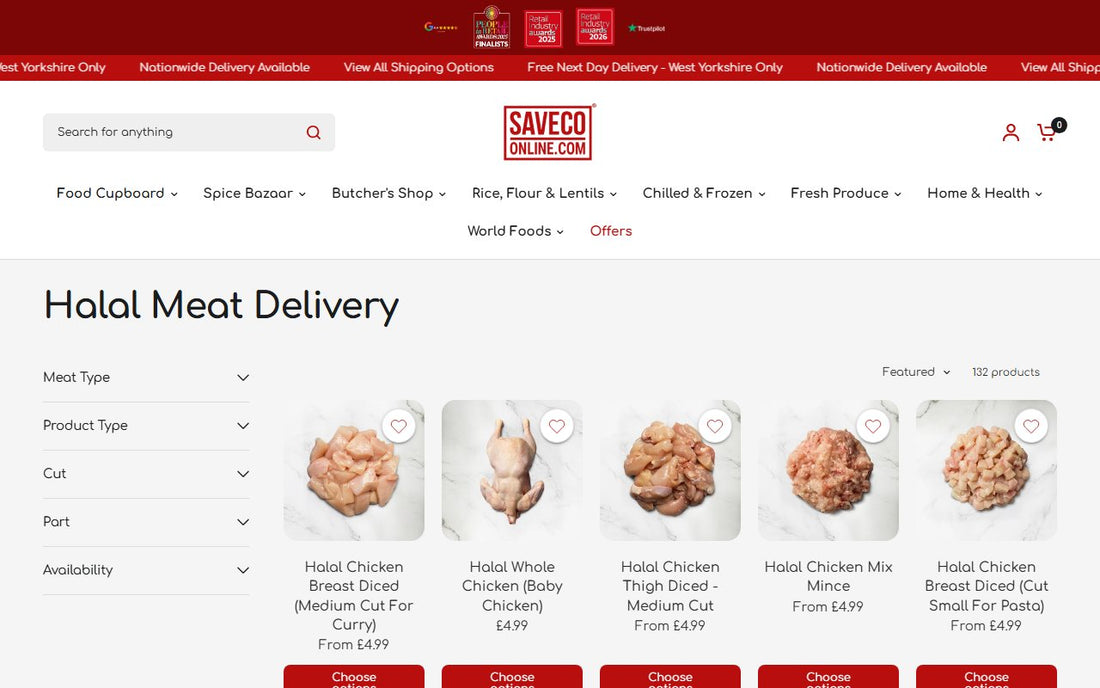 SaveCo halal meat delivery page online, as a shopper sees it
