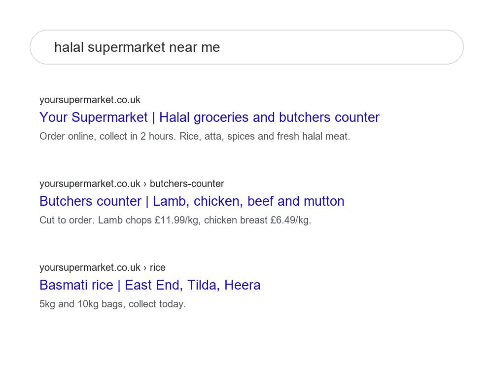 Search results showing a food shop's own web address