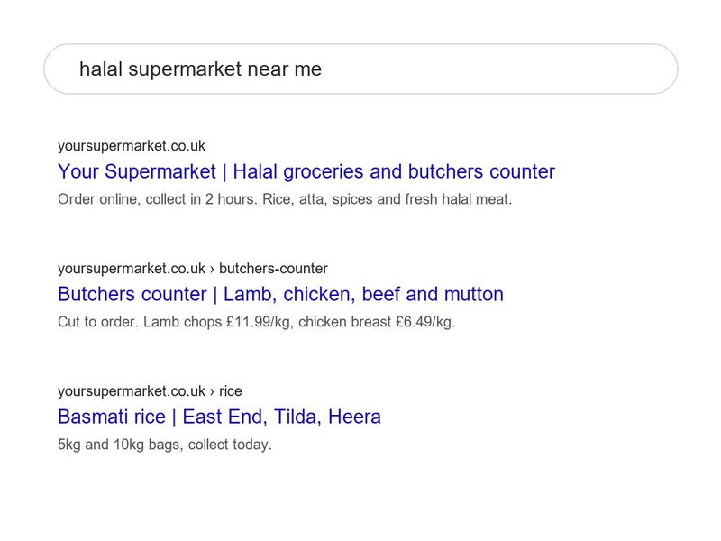 Search results for halal supermarket near me showing an example shop