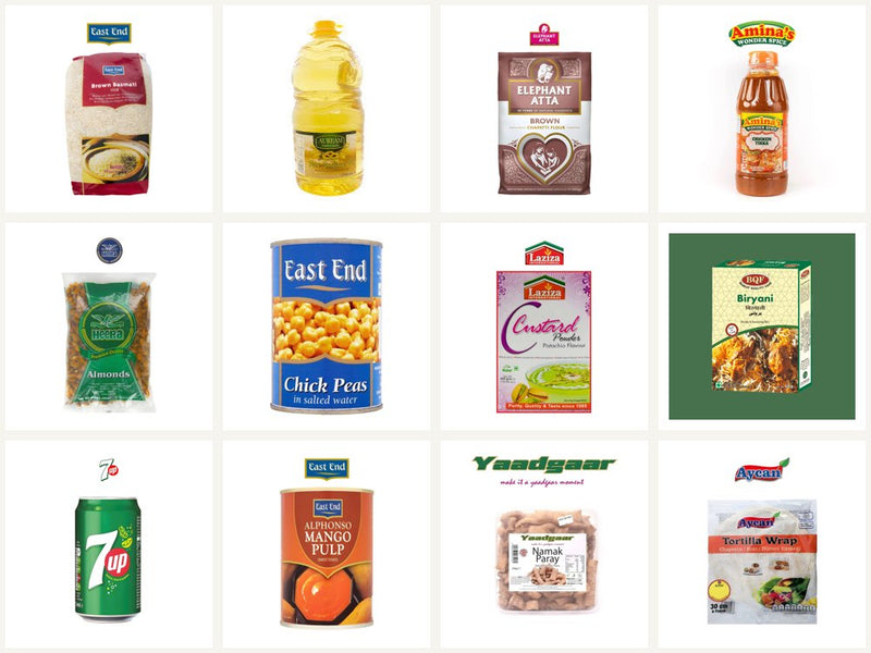 Pack shots from the product range: rice, oil, atta, marinade, nuts, chickpeas, drinks