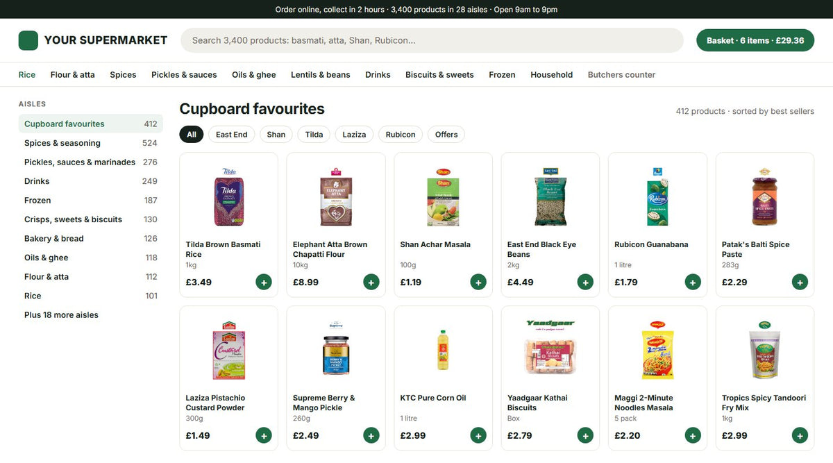 Example halal supermarket website on desktop: aisles, brands and pack shots