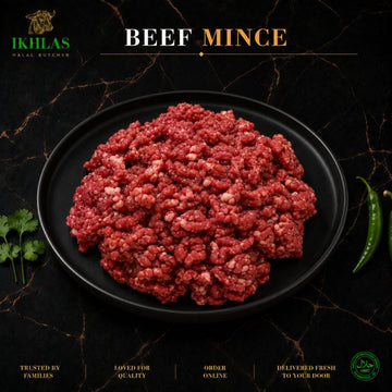 Raw halal beef mince on a white background, photographed for a butcher website