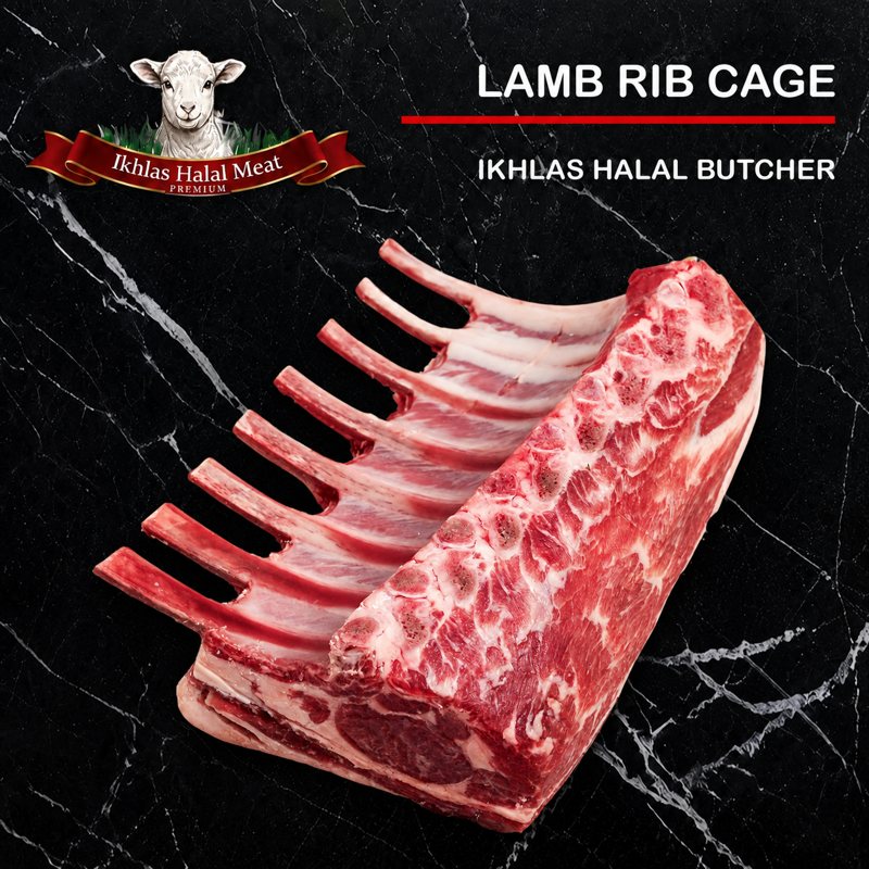 Raw halal lamb rack on a white background, photographed for a butcher website