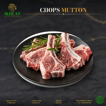 Raw halal mutton chops on a white background, photographed for a butcher website