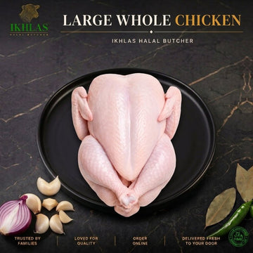 Raw halal whole chicken on a white background, photographed for a butcher website