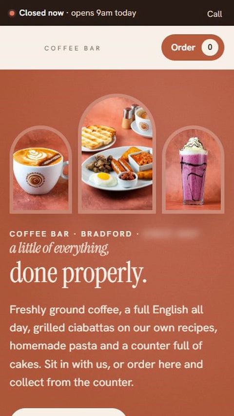 City-centre coffee bar, a website Veritas UI built, on a phone