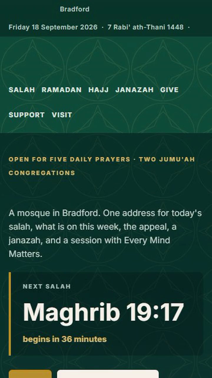 Mosque website, a website Veritas UI built, on a phone
