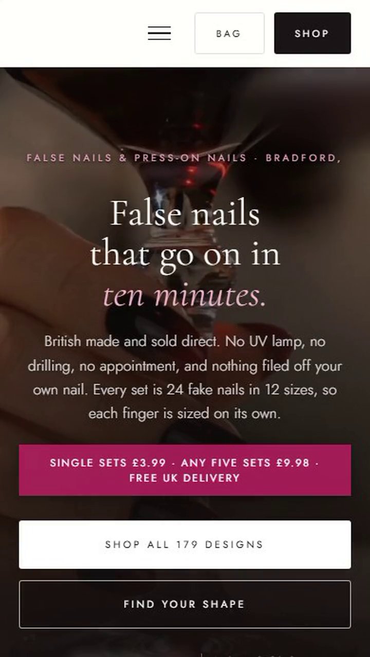 Press-on nail store, a website Veritas UI built, on a phone