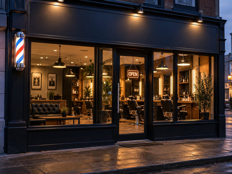 Barbershop front at dusk