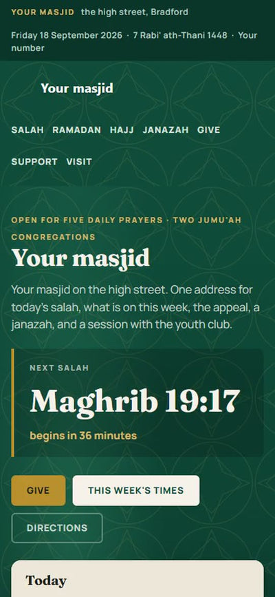 Mosque website by Veritas UI, shown on a phone