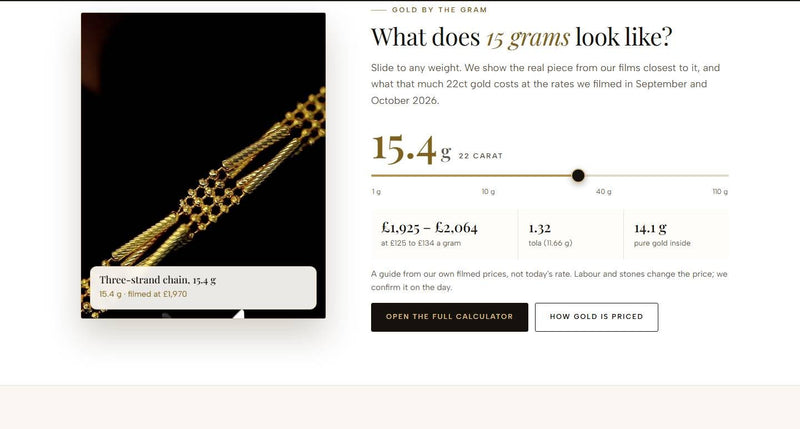 A jeweller's website slider showing what 15 grams of 22 carat gold looks like, with the price range at the filmed rate