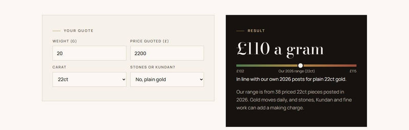 A fair price check on a jeweller's website: enter the weight and the price quoted to see the price per gram
