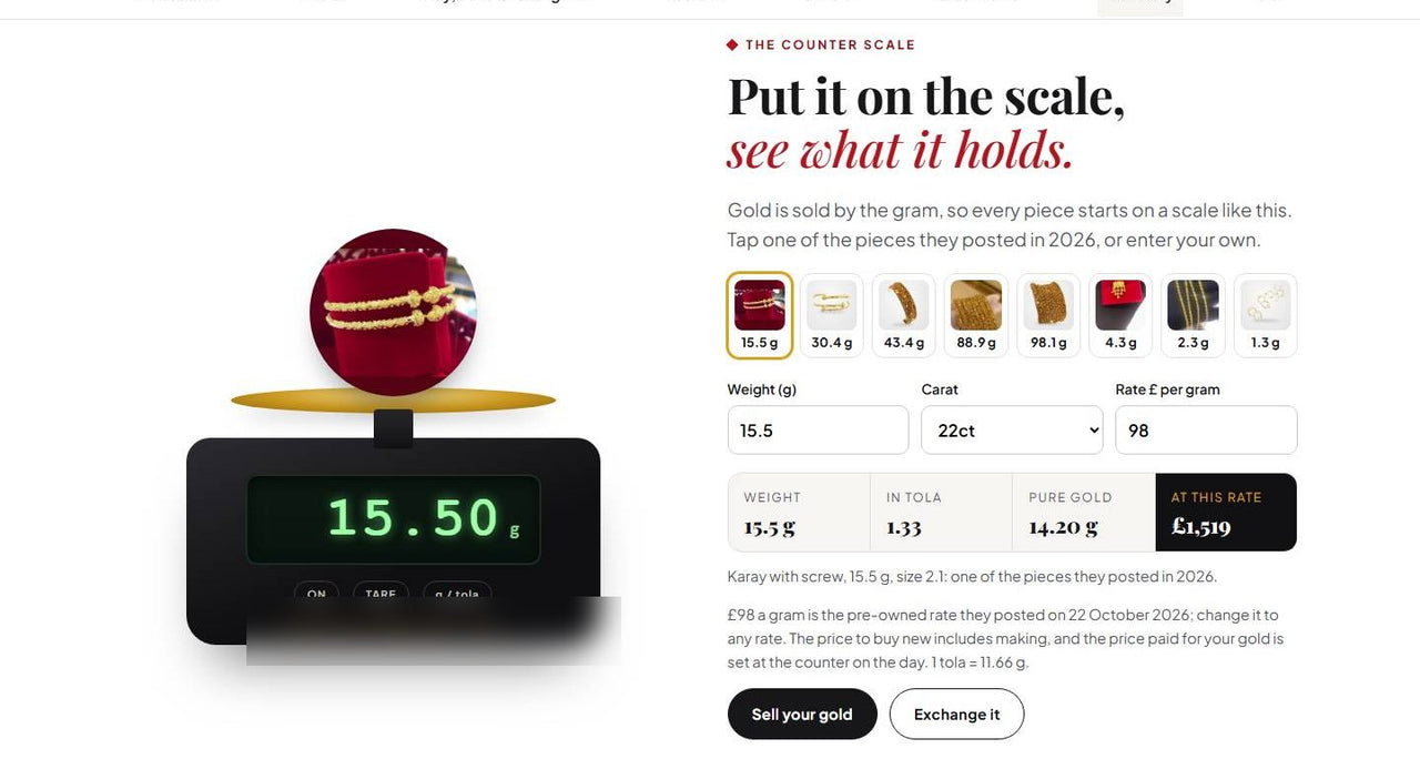 Gold scale tool with live gold rate on a jewellers website