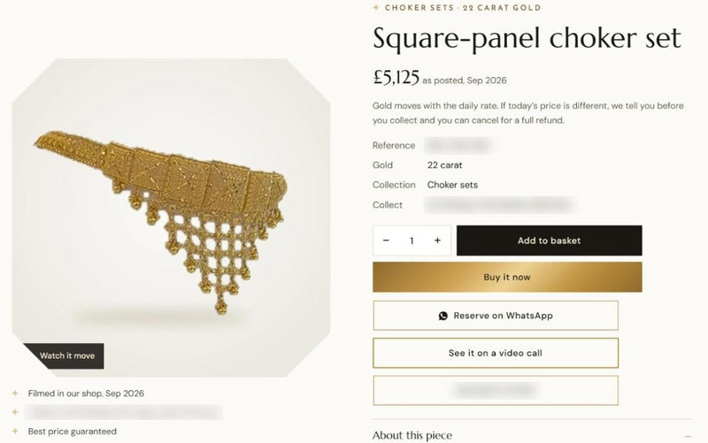 A gold choker set product page with buy online, reserve on WhatsApp and see it on a video call