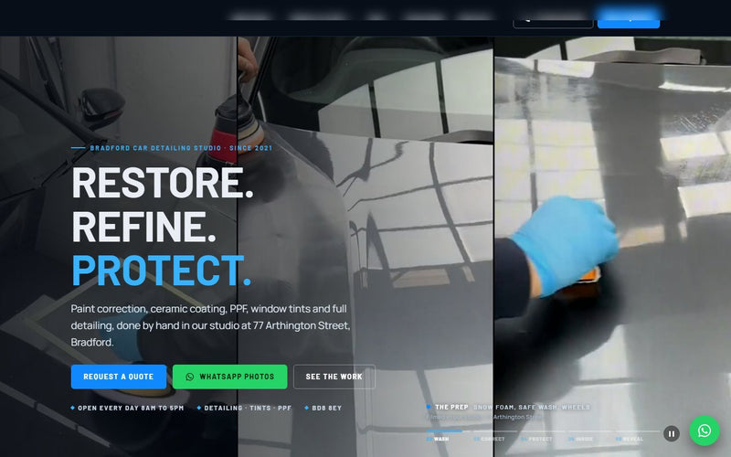 Car detailing and tint studio website built by Veritas UI, homepage on desktop