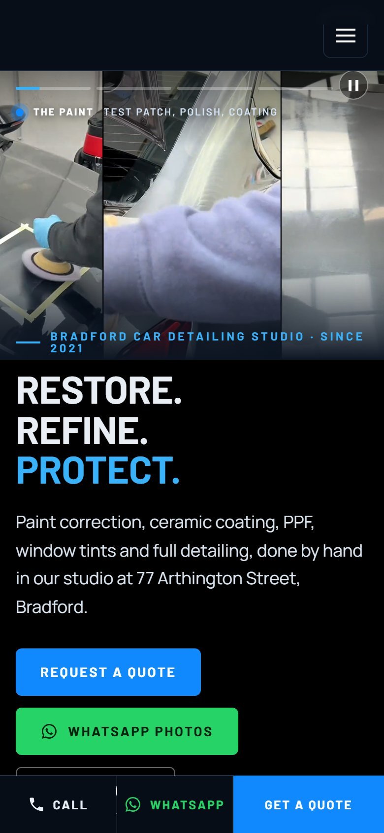 Car detailing and tint studio website built by Veritas UI, on a phone