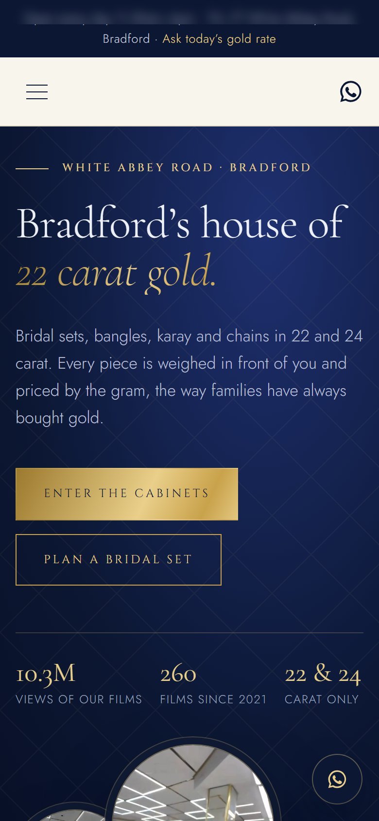 Gold jewellery shop website built by Veritas UI, on a phone