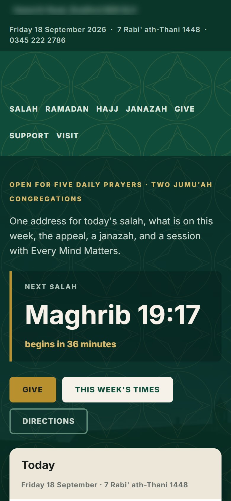 Mosque website built by Veritas UI, on a phone