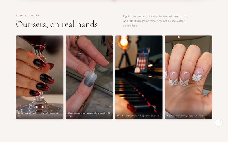 Press-on nail art online store built by Veritas UI, a section on desktop