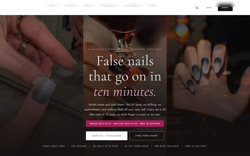 Press-on nail art online store built by Veritas UI, homepage on desktop